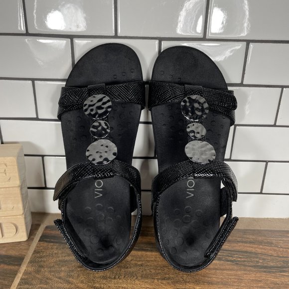 Vionic Farra Women's Size 7 Shoes Black Lizard Print Strappy Medallion Sandals - Picture 6 of 12